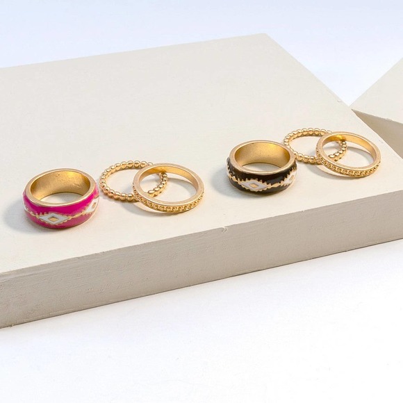 Western Aztec Enameled Ring Set Fuchsia Gold Size 7 - Picture 3 of 3